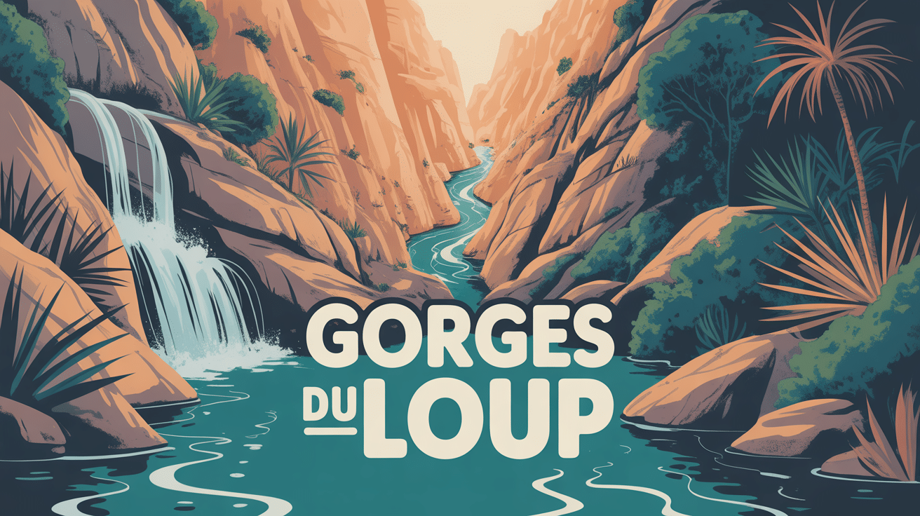 Vue aérienne des gorges du Loup avec rivière turquoise et cascades