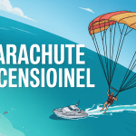 Personne en parachute ascensionnel sur mer turquoise