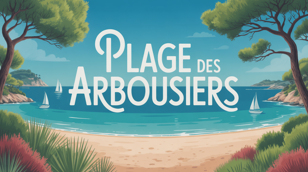 Vue panoramique de la plage des Arbousiers avec sable, pins et eau turquoise