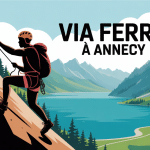 Via ferrata Annecy silhouette grimpeur lac montagne