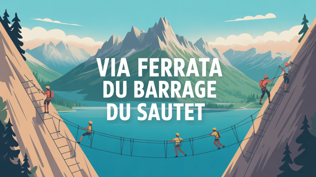 via ferrata du barrage du sautet vue lac et grimpeurs