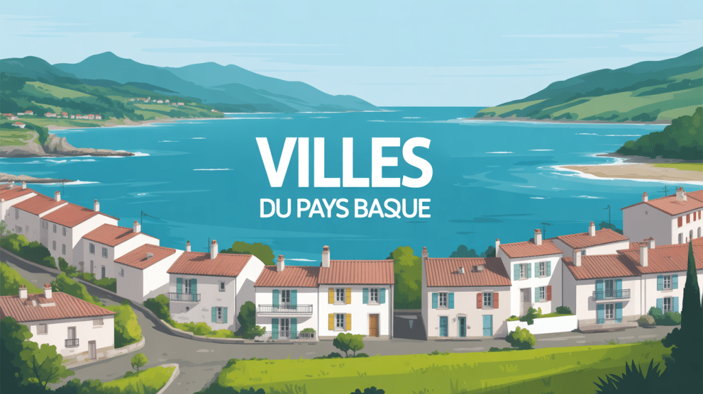 Vue d'une ville du pays basque entre océan et montagnes
