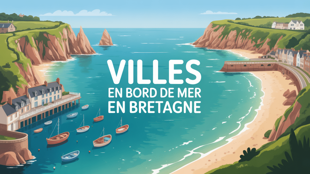 Illustration ville bord de mer bretagne avec falaises et port