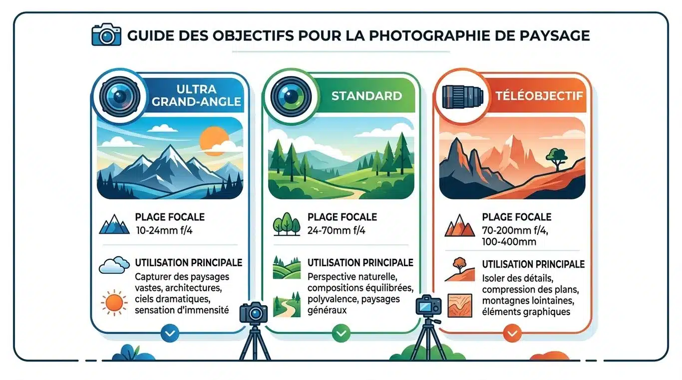 Infographie récapitulative des objectifs pour la photographie de paysage