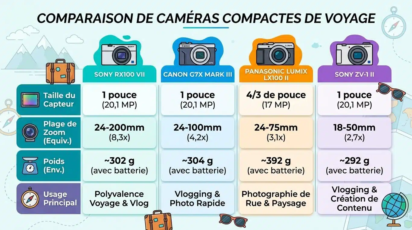 Infographie comparative des meilleurs appareils photo compacts experts pour le voyage