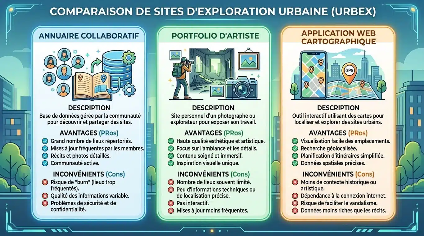 Comparatif des types de sites urbex : annuaires, portfolios et cartes interactives.