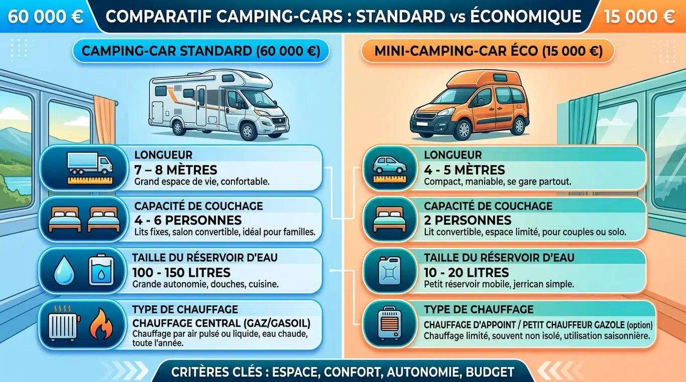 Infographie comparative : Camping-car standard vs Mini-camper low-cost