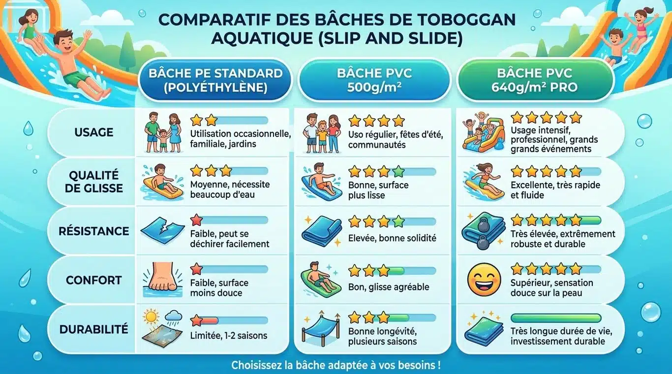 Comparatif des bâches pour ventriglisse : PE standard vs PVC 500g vs PVC 640g