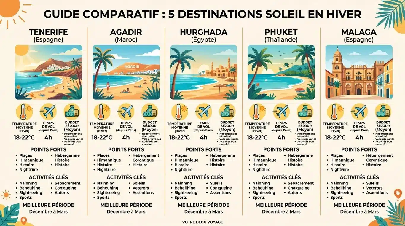 Infographie comparative des destinations soleil en hiver : budget, température et temps de vol