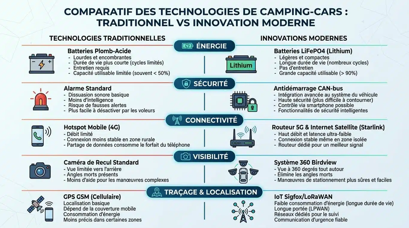 Infographie comparative des innovations technologiques pour camping-cars : énergie, sécurité, connectivité et suivi.