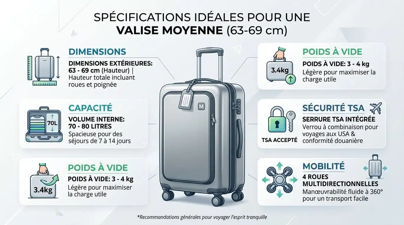 Infographie récapitulative des caractéristiques idéales d'une valise moyen séjour