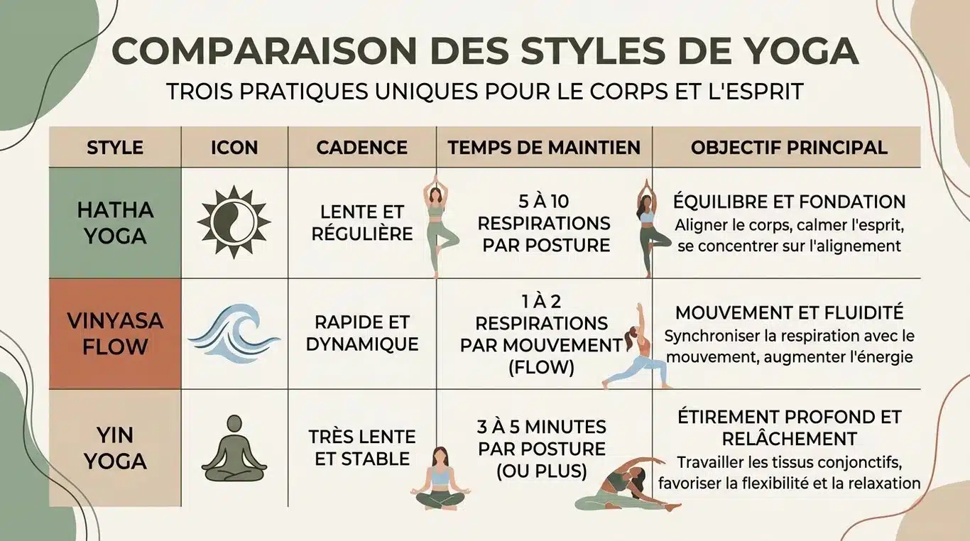 Infographie comparative des styles de yoga : Hatha, Vinyasa et Yin