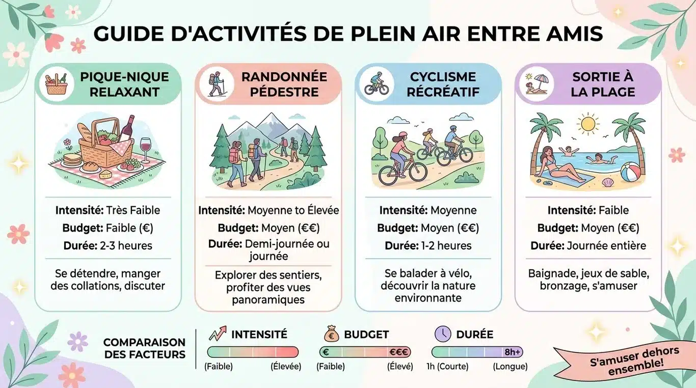 Infographie comparative des activités entre copines : budget, intensité et durée