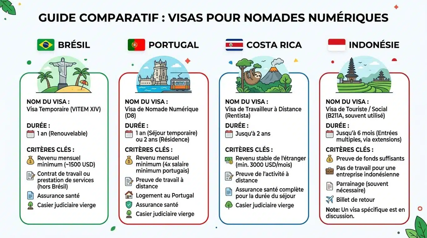 Infographie comparative des visas pour travailleurs nomades : Brésil, Portugal, Costa Rica et Indonésie