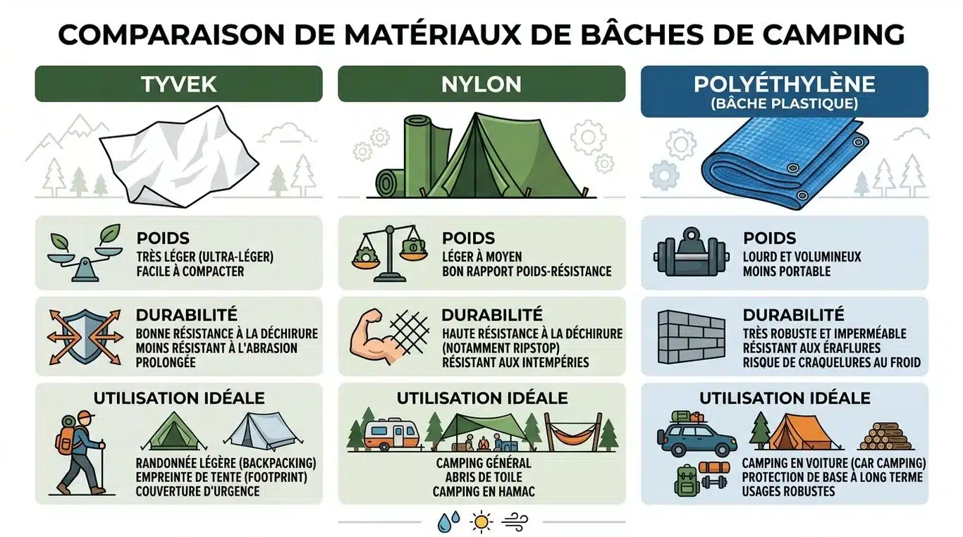 Infographie comparative des matériaux de bâches de camping : Tyvek, Nylon et Polyéthylène