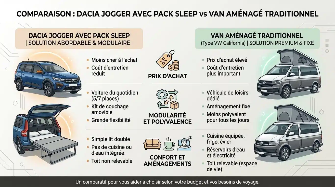 Infographie comparative : Dacia Jogger Pack Sleep vs Van aménagé traditionnel