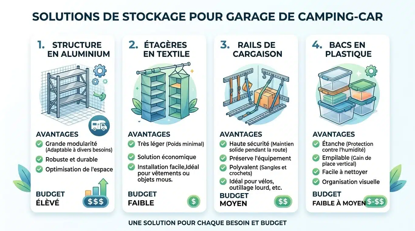 Infographie comparative des solutions de rangement pour soute de camping-car