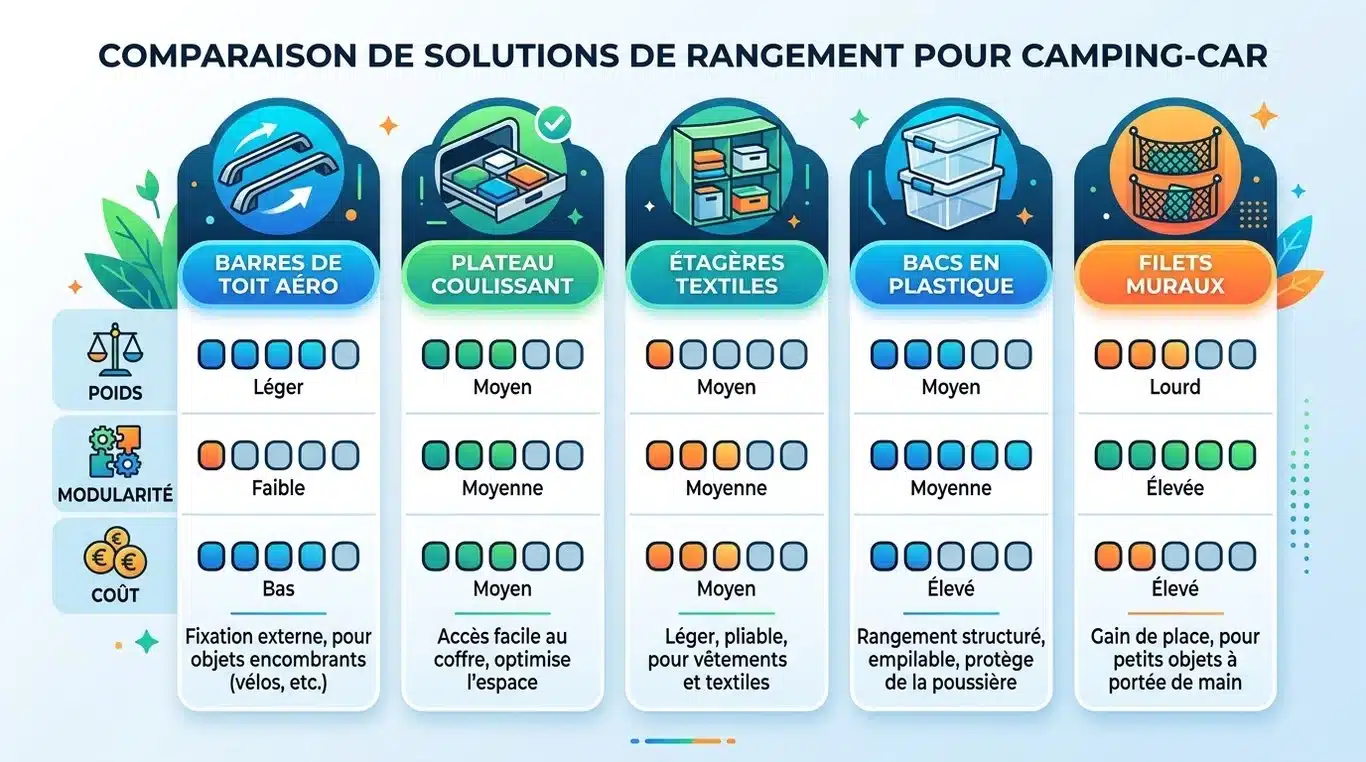 Infographie comparative des solutions de rangement pour soute de camping-car : rails, plateaux, étagères, bacs et filets.