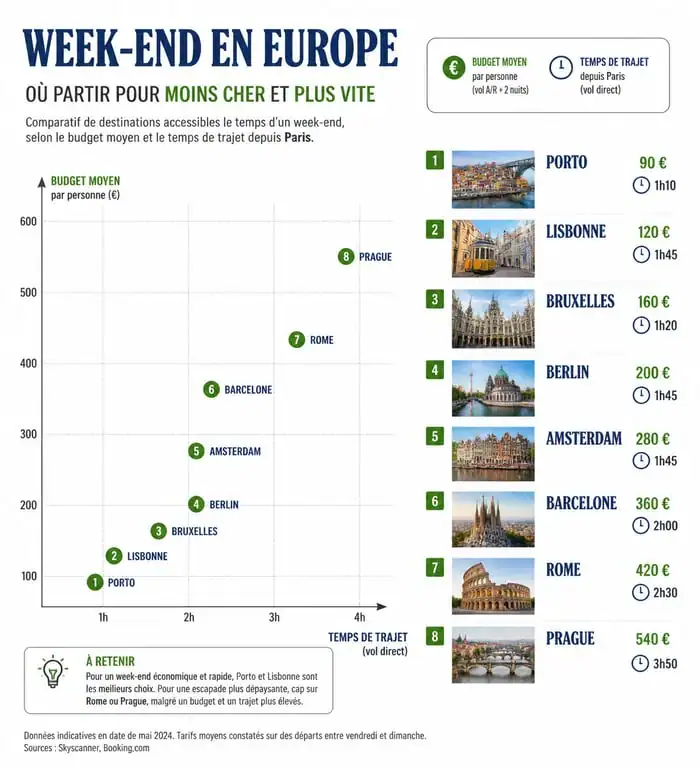 Infographie comparative des destinations pour un week-end en Europe, budget et temps de vol.