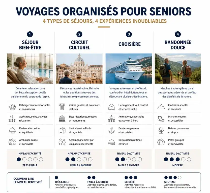 Infographie comparative des types de voyages organisés pour personnes seules de 70 ans et plus