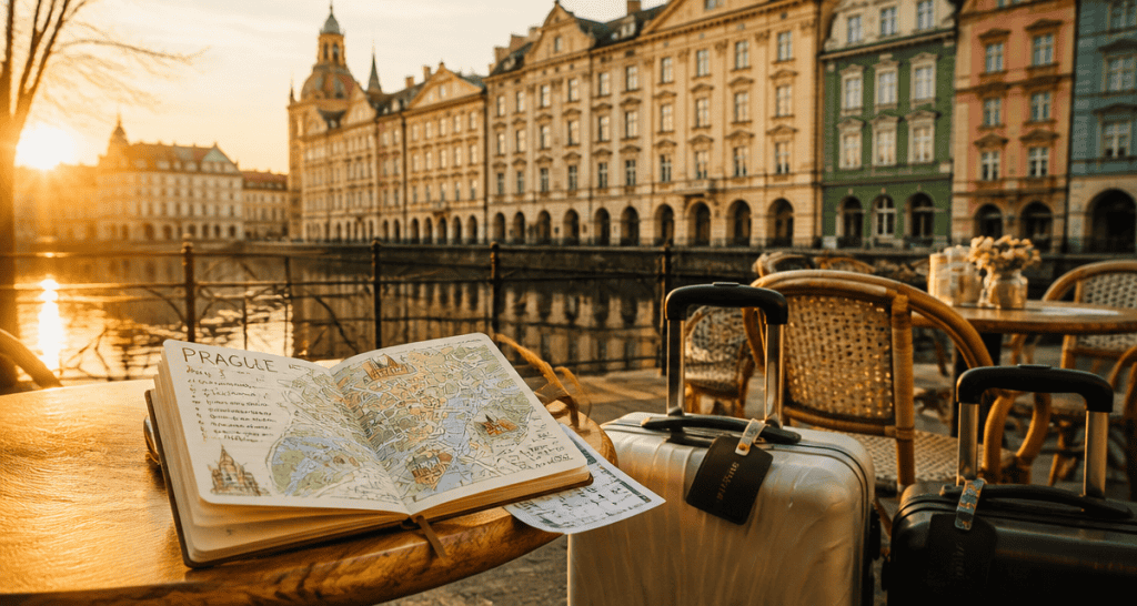 Weekend en Europe terrasse café valises carnet de voyage