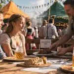 Oktoberfest 2024 : table bavaroise, chopes et tentes en arrière-plan