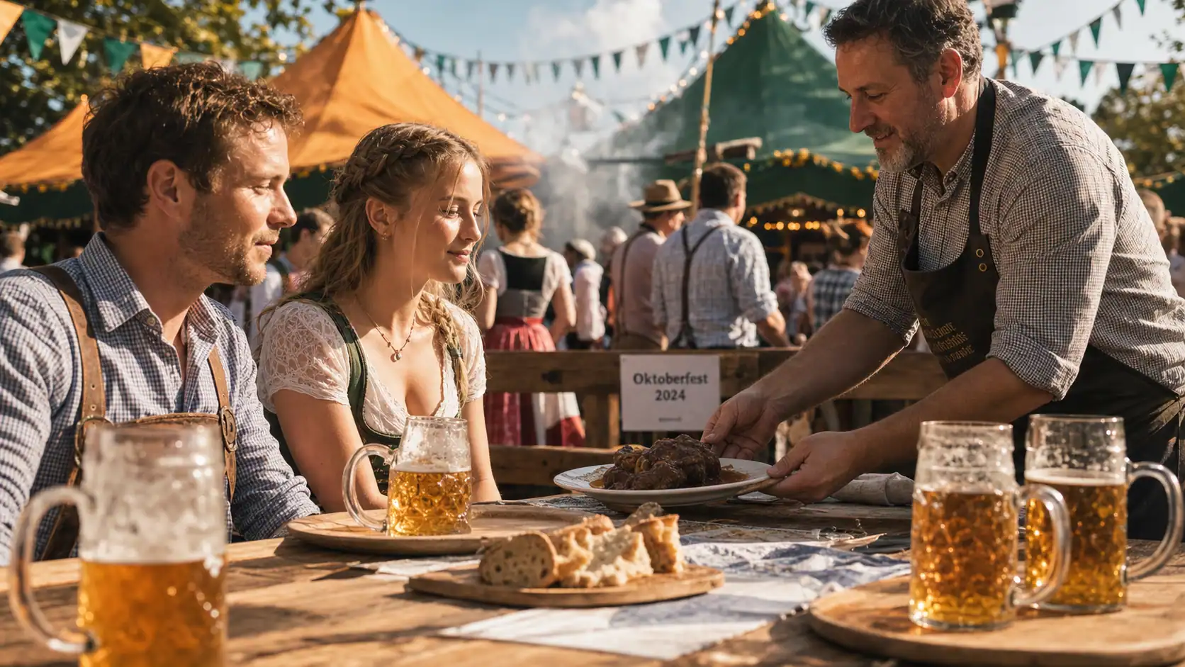 Oktoberfest 2024 : table bavaroise, chopes et tentes en arrière-plan