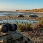 Baie d'Authie : deux phoques sur le sable, jumelles