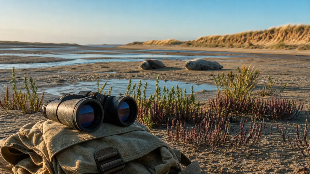 Baie d'Authie : deux phoques sur le sable, jumelles
