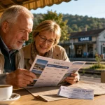 ANCV seniors en vacances destinations 2025 : couple lit une brochure et un chèque-vacances