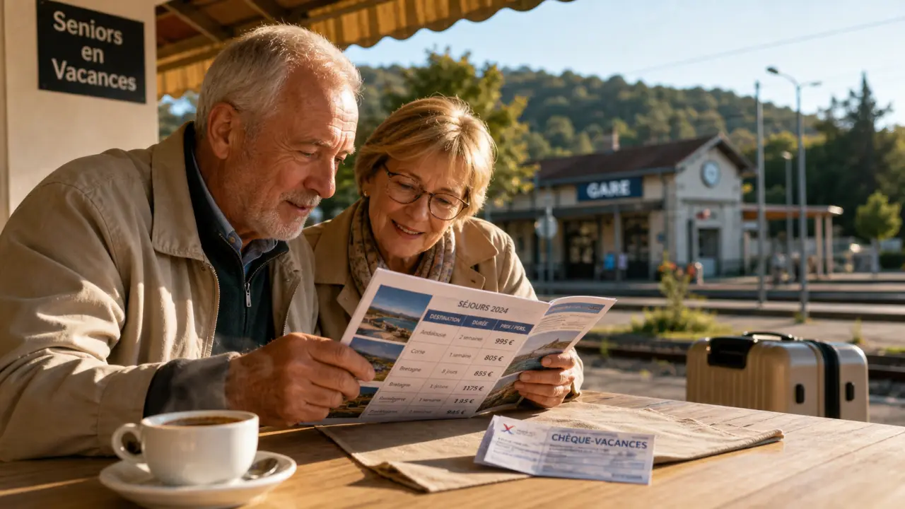 ANCV seniors en vacances destinations 2025 : couple lit une brochure et un chèque-vacances