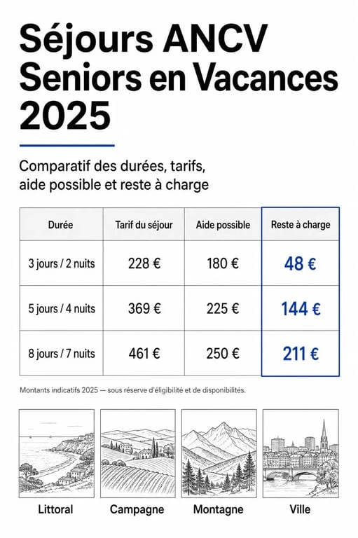 Comparatif des ancv seniors en vacances destinations 2025 avec tarifs, aide et reste à charge