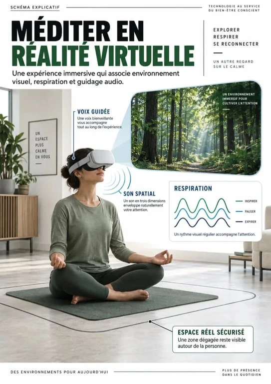 Schéma expliquant le fonctionnement de la méditation VR avec immersion et respiration guidée