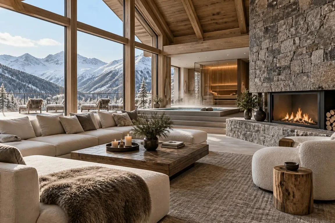 Intérieur avec spa et cheminée d’un chalet de luxe dans les Alpes