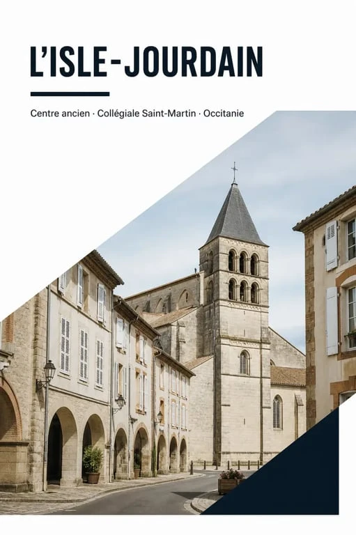 L'Isle-Jourdain, vue éditoriale du centre ancien avec la Collégiale Saint-Martin