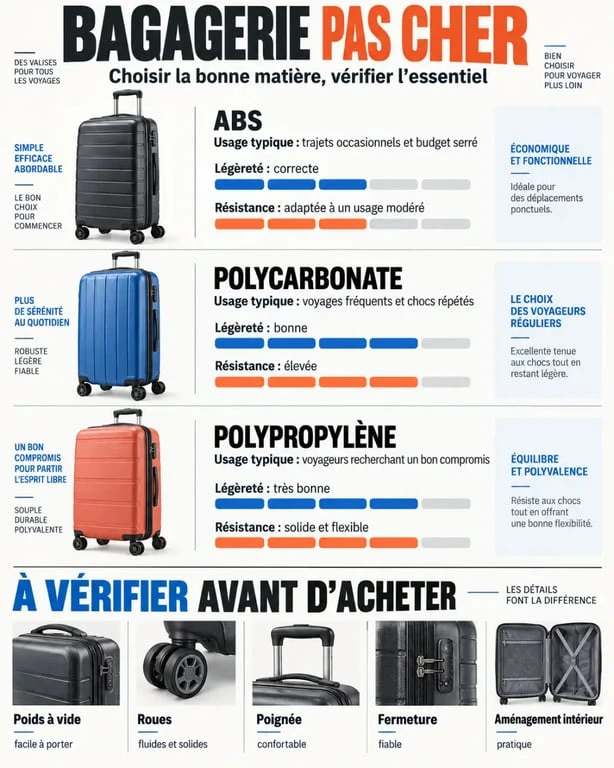 Infographie comparative de bagagerie pas cher : ABS, polycarbonate et polypropylène