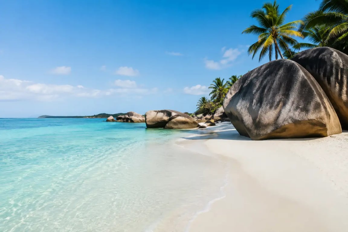Préparer une escapade tropicale inoubliable aux îles Seychelles sur une plage de sable blanc bordée de granit et d'eau turquoise